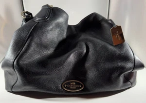 COACH MADISON PHOEBE Pebbled Leather Hobo Satchel Bag Black Gold EXCELLENT - Picture 1 of 9