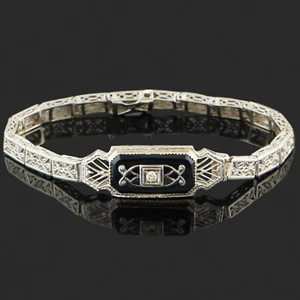 Art Deco Solid 14K White Gold Filigree, Onyx & OMC Diamond 6.5" Estate Bracelet - Picture 1 of 5