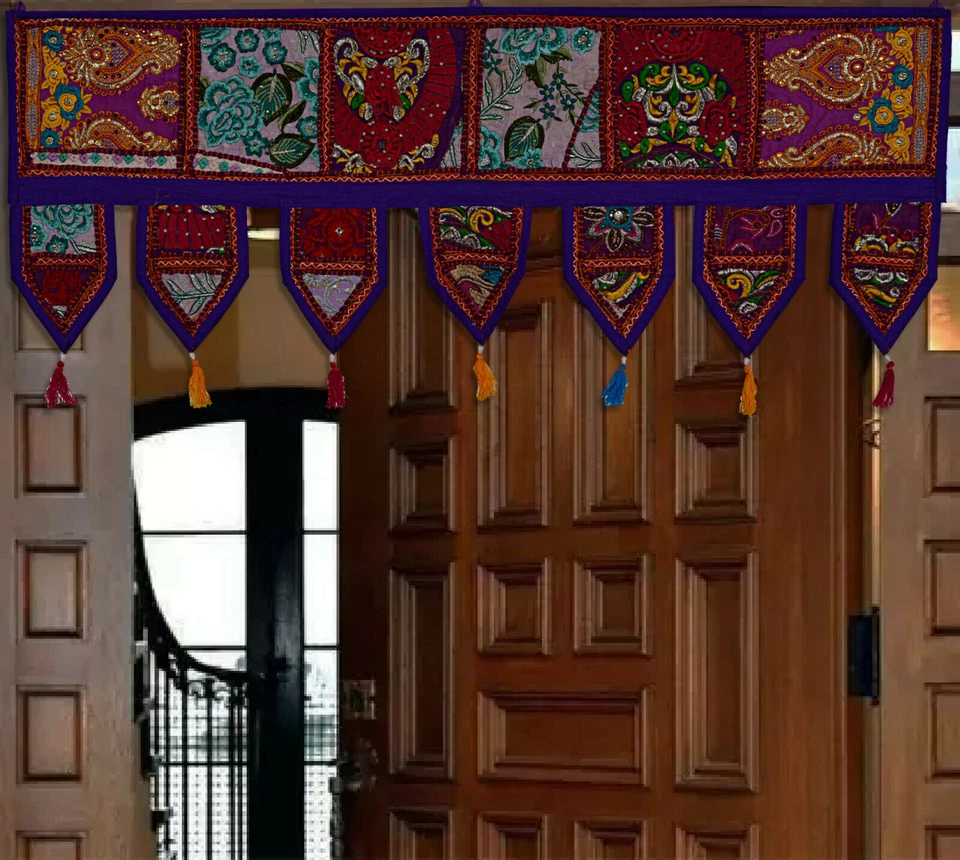 Bordado de retalhos vintage multicolorido indiano porta Toran pendurada na parede - Imagem 1 de 1