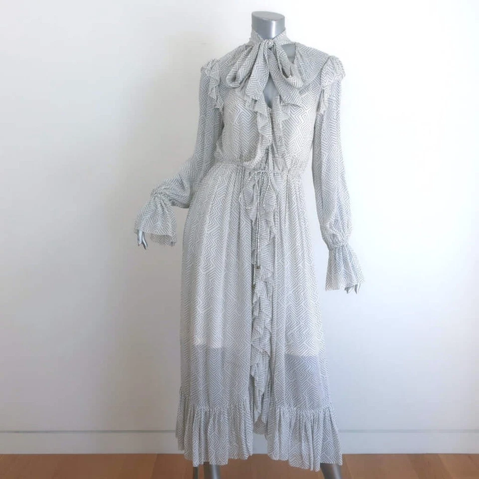 Maxi Vestido Zimmermann Coño Lazo Volantes Blanco Estampado Zig Zag Crepé Talla 1 Foto 1 de 4