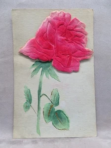 Vintage Postkarte appliziert & luftgebürstet Rose, geprägter Stiel & Blätter - Bild 1 von 2