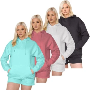 Womens Tracksuit Set Ladies Long Sleeve Lounge Wear Hoodie Fleece Sweat Short - Picture 1 of 20