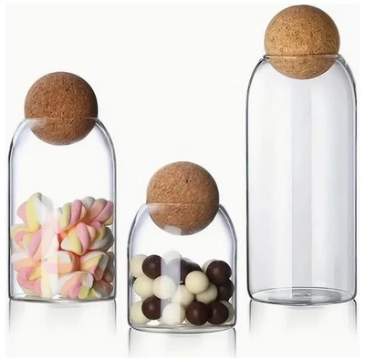 Glass Storage Jars with Ball Cork Lids - 3 Pcs Set, Decorative Round Glass Ca... - Image 1 of 4