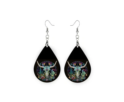 Faux Stain Glass Cow Skull Print Wood Dangle Teardrop Print Earrings Jewelry - Image 1 of 4