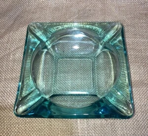 Vintage Ashtray 6" by 1.62” Square Teal Blue Green Aqua Glass Cigarette Ash Tray - Picture 1 of 11