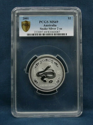2001 2 OZ. SILVER AUSTRALIAN LUNAR YEAR OF THE SNAKE PCGS MS69 - GOLD SHIELD - Image 1 of 2