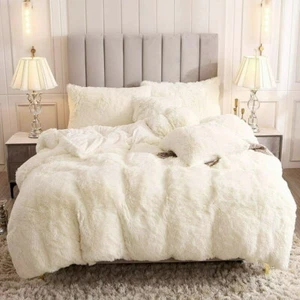 ULTRA SOFT PLUSH IVORY FAUX FUR COMFORTER SET : CREAM SHAGGY BEAR HUG BEDDING - Picture 1 of 3