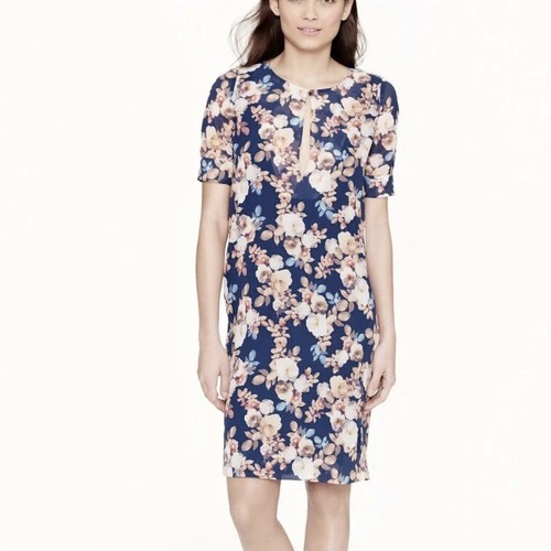 VETEMENTS Abito J Crew blu floreale 100% seta manica corta buco della serratura cambio taglia 2