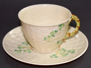 Vtg Belleek Shamrock Cup & Saucer Ireland 7th 1980-92 Twig Handle FreeS&H - Picture 1 of 4