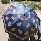 Longaberger Umbrella Blue Basket Print Wood Handle 35" Full Opened Push Button