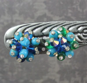 Vintage Blue and Green Glass Beaded Crystal Cluster Rhinestone Accented Earrings - Picture 1 of 4
