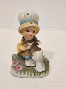 Homco Ceramic Figurine Little Girl Big Hat Basket Petting Puppy 4" Taiwan 1430-V - Picture 1 of 8