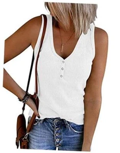 Women's V Neck Tank Tops Summer Sleeveless Ribbed Button Casual Medium White - Picture 1 of 7