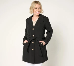 Dennis Basso Regular Water Resistant Trench Coat with Hood-Black-Small-A679223 - Picture 1 of 2