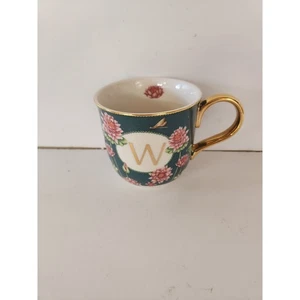 Anthopologie "W" Monograma Flor Silvestre Taza Café Té LOU ROTA Borde Dorado - Imagen 1 de 4