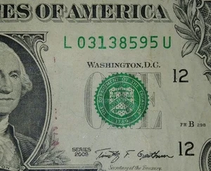 HIGH SUFFIX: U (L 03138595 U) 2009 $1 Dollar Bill Circulated - Picture 1 of 3