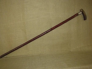 WALKING STICK/CANE ~ Wood Horn & Sterling Band ~ Hall Marked JH Birmingham Eng. - Picture 1 of 13