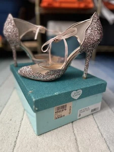 Betsey Johnson Stela Rose Gold Glitter Bow Lace Mesh Heels Size 8  - Picture 1 of 9