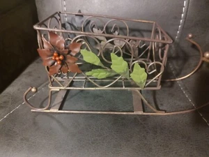 12" Metal Sleigh Holiday Christmas Tabletop Display Home Decor Poinsettia - Picture 1 of 6