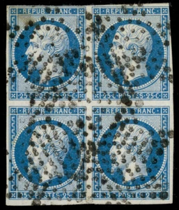 France 1852 25c BLUE ON BLUISH BLOCK OF FOUR USED #11 clear to large margins - Picture 1 of 1