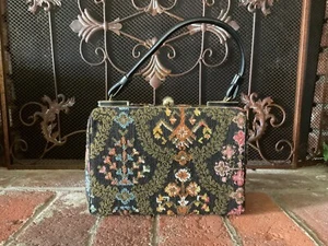 Vintage FLORAL GOBELIN Handtasche Teppich Tasche schwarz 1950’s EUC - Bild 1 von 12