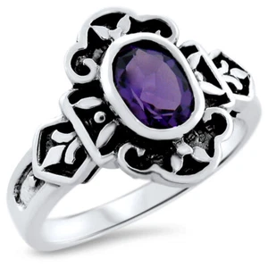 GENUINE AMETHYST 925 STERLING SILVER ANTIQUE STYLE VINTAGE DESIGN RING 871z - Picture 1 of 5