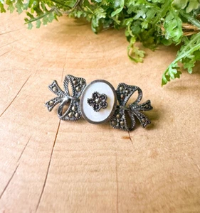 Vintage Sterling Silver 925 Marcasite Oval Flower Mother of Pearl Bow Brooch Pin - Picture 1 of 4