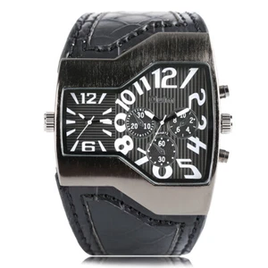 Luxury OULM Two Time Zones Leather Strap Men Military Quartz Wrist Watch reloj - Picture 1 of 17