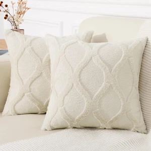 Throw Pillow Covers 18X18 Inch Set of 2, Soft Plush Faux Fur Wool Beige Couch Pi - Picture 1 of 12
