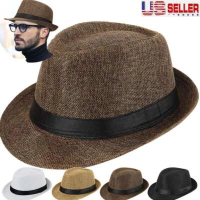 Men Women Straw Fedora Hat Trilby Cuban Sun Cap Panama Short Brim Warp Summer US - Image 1 of 4
