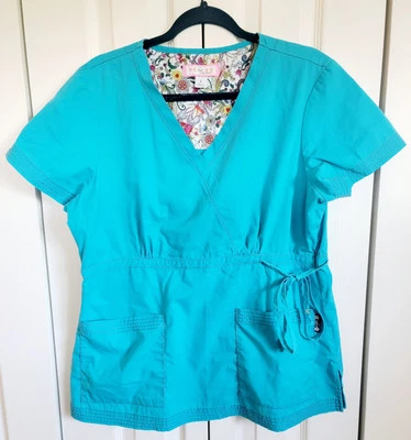 Koi Large Scrub Top By Kathy Peterson Women's Aqua Blue Mock Wrap Side Tie - Image 1 of 4
