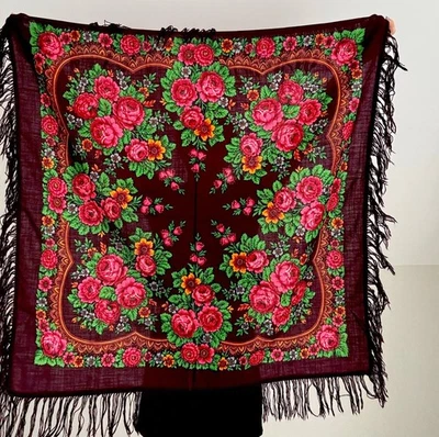 Vintage square scarf with tassels, floral print,baba scarf, woolen scarf, hustka - Image 1 of 4