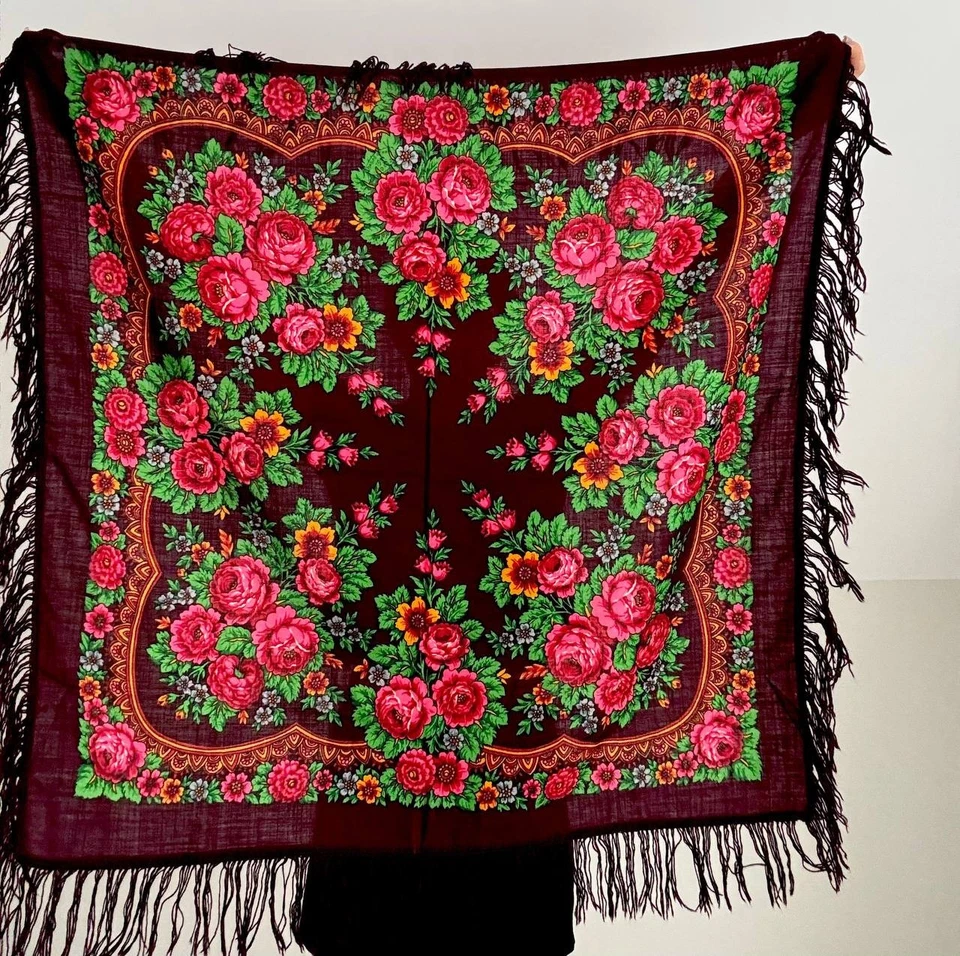 Vintage square scarf with tassels, floral print,baba scarf, woolen scarf, hustka - Image 1 of 4