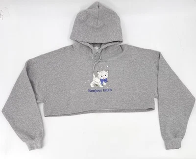 Sudadera con Capucha Skinnydip Mujer Grande Gris Recortada Bonjour BTch Gato Gráfico Recortado Foto 1 de 4