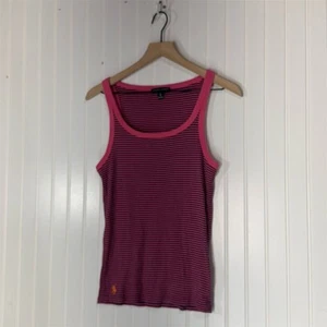 Y2K Ralph Lauren Ribbed Striped Pony Tank Top Pink Navy Preppy L IndieSleeze - Picture 1 of 9