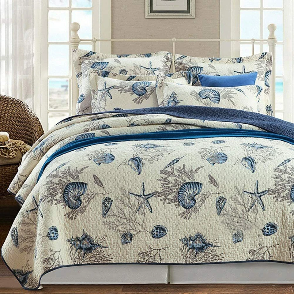 QUALITY NEW! ~ BEACH HOUSE COASTAL SEA SHELL NAUTICAL NAVY BLUE IVORY WHITE QUILT SET