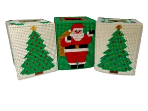 Lot of 3 VTG Yarn Needle Craft Christmas Tissue Box Cover Santa Tree Handmade - Picture 1 of 7