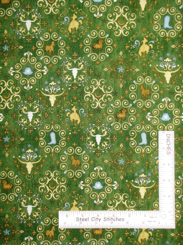 Cowboy Western Unbridled Bandanna Horse Green Cotton Fabric QT By The Yard - Image 1 of 1