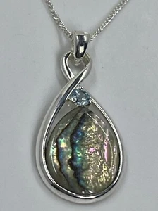 NV Sterling 925 Aquamarine Abalone Shell 1.25” Pendant 18.5” Necklace (A23) - Picture 1 of 6