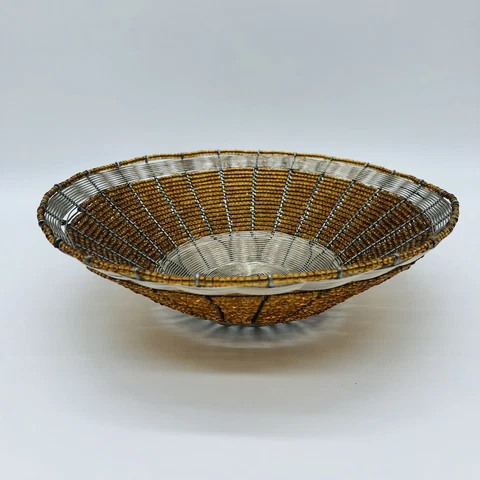 Seed Bead Wire Basket Handmade Brown Tan Boho 7.25" in Diameter Cover