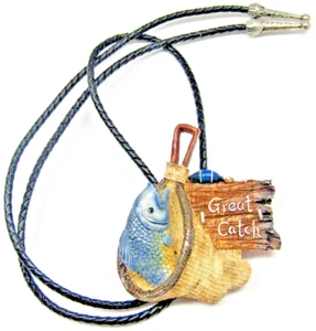 Fishing Bolo Tie Great Catch Fisherman Leather Western Theme Sports Accessory - Picture 1 of 4