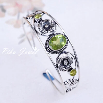 Green Peridot Cut Gemstone 925 Sterling Silver Beautiful Cuff Bangle For Women - Image 1 of 4