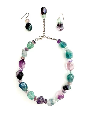 Collar y Pendientes Preciosos Colores Gruesos Cristal Fluorita Cuentas Foto 1 de 4