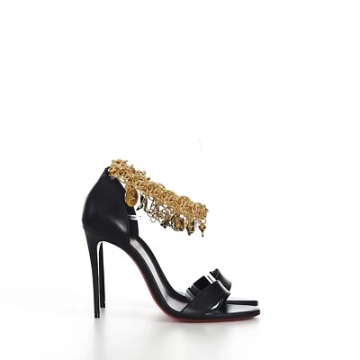 CHRISTIAN LOUBOUTIN 1495$ Gourmi Sandal 100 In Black Leather & Gourmette Chain - Image 1 of 4