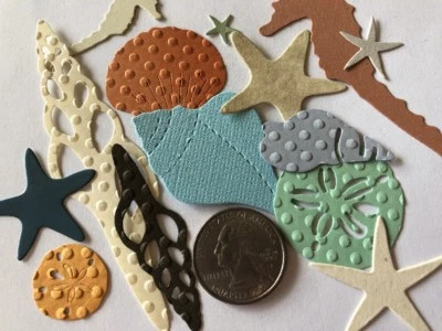 Troquelados temáticos de playa (12 piezas) caballito de mar•conchas•océano•esca estrella•mar •dólar de arena•arena Foto 1 de 4