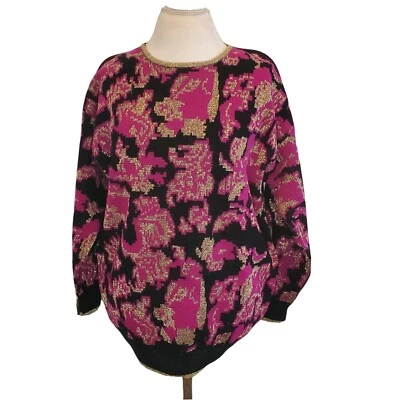 Suéter floral metálico vintage anos 90 preto rosa dourado gola redonda tamanho G/XL - Imagem 1 de 4