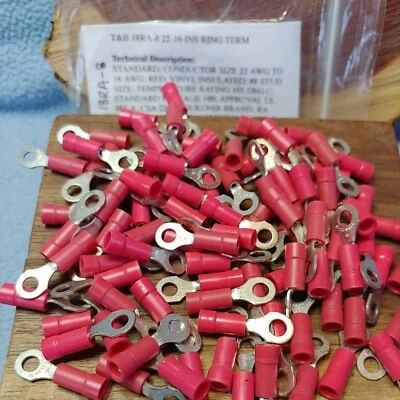 (100)  18RA-8 Sta-kon Ring Insul Vinyl Terminal Connector 22-16 AWG #8 Bolt T&B - Image 1 of 3