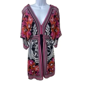 Bisou Bisou Blumendruck Kleid V-Ausschnitt transparent Kurzarm Blouson künstlerisch Gr. 14 - Bild 1 von 9