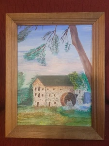 Pintura al óleo firmada hecha a mano arte enmarcado campo molino rueda cascada - Imagen 1 de 11