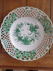 HEREND OF HUNGARY RARE INDIAN BASKET GREEN OPENWOEK RETECULATED PLATE 9.25" - Picture 1 of 12